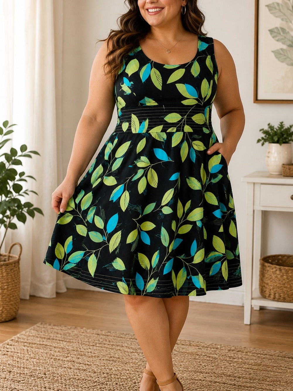 dressbarn Black Midi Dress with Green & Teal Leaf Print